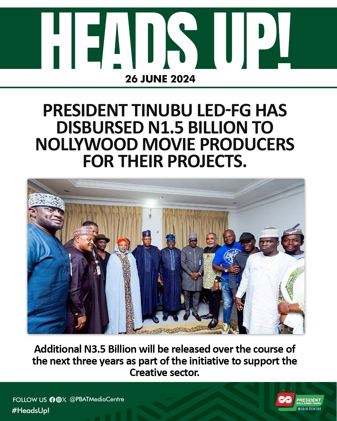 PRESIDENT TINUBU SUPPORTS NOLLYWOOD MOVIE PRODUCERS WITH 1.5BN FOR THEIR PROJECTS